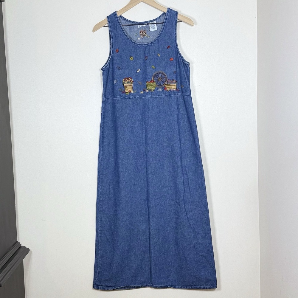 Vtg 90s Bobbie Brooks Womens Denim Jumper Maxi Dress S Embroidered Fall Leaves
